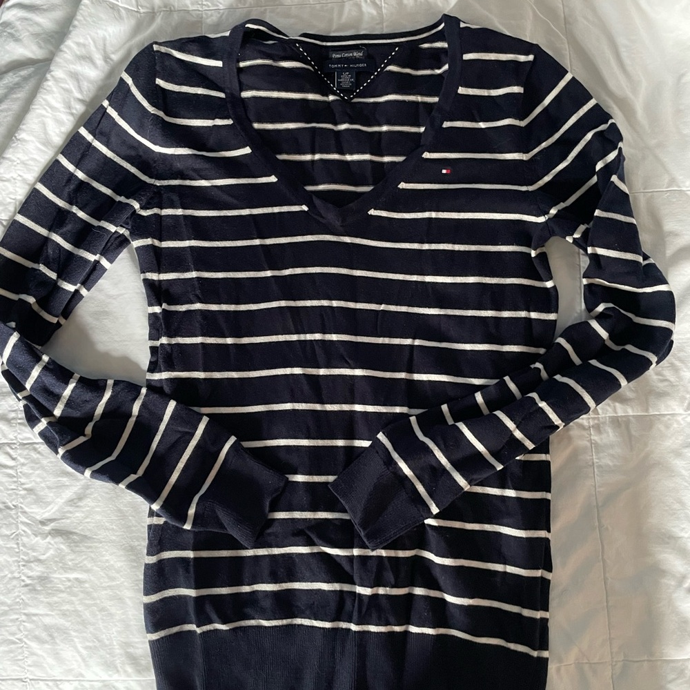 Tommy Hilfiger Black and White Striped V-Neck Sweater